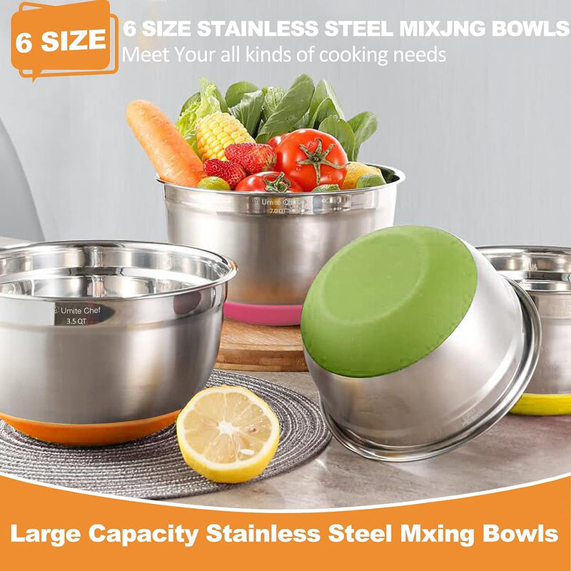 Umite Chef 6-Piece Mixing Bowls with Airtight Lids - Stainless Steel Nesting Storage Set Khaki