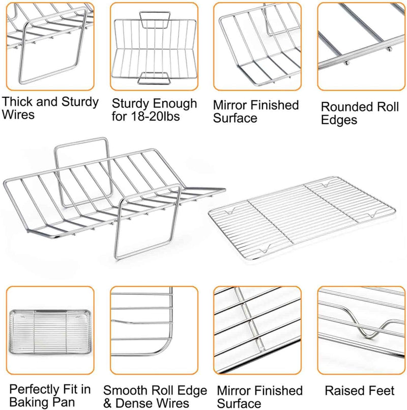 TeamFar 15-Inch Stainless Steel Roasting Pan  Rack Set - Large Turkey  Lasagna Roaster for ThanksgivingChristmas Healthy  Heavy Duty - Dishwasher Safe 3 PCS