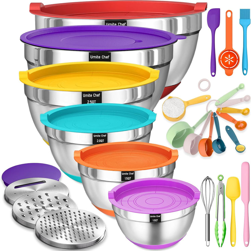 26-Piece Airtight Mixing Bowl Set with Grater Attachments and Non-Slip Bottoms - Stainless Steel Kitchen Gadgets in Khaki Various Sizes