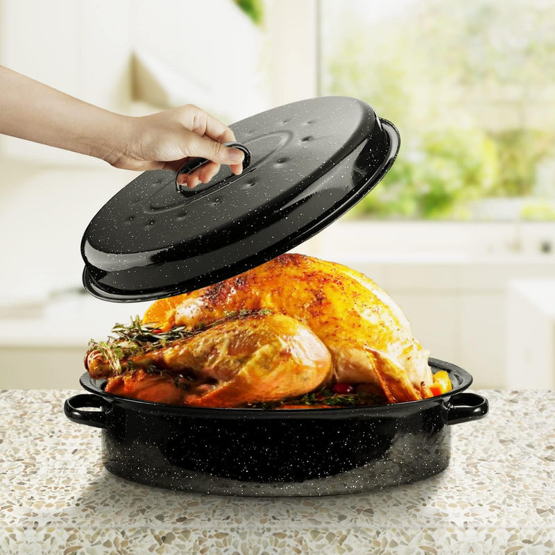 words13 Enamel Roasting Pan with Lid - Black Oval Turkey Roaster