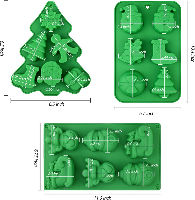 3-Pack Christmas Silicone Molds - Large Xmas Baking Mold for Mini Cakes Soap Chocolate Jello Candy Candles - Christmas Tree Santa Snowman Shape