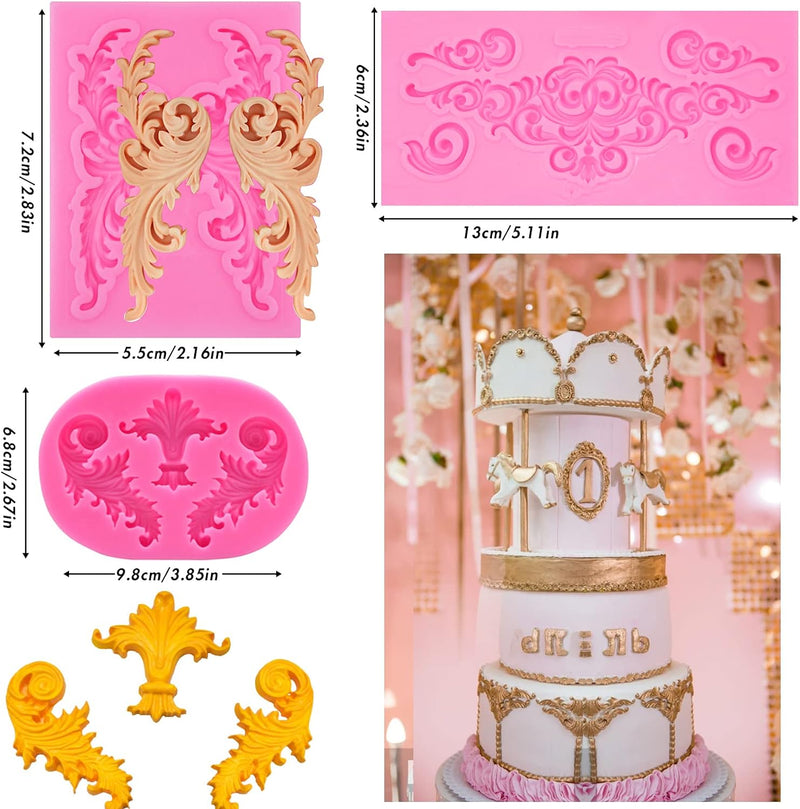 Rainmae 5 Pcs Baroque Style Fondant Silicone Mold - 3D Lace Relief Filigree Sculpture for Crafts  Baking