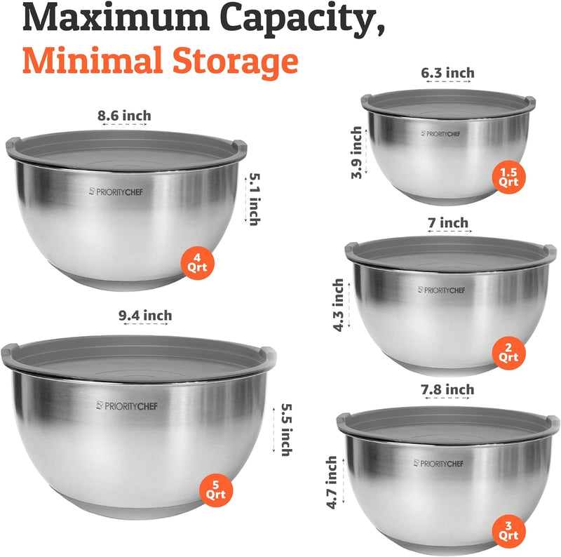 Premium Mixing Bowl Set with Airtight Lids - Thicker Stainless Steel - 152345 Qrt - Black