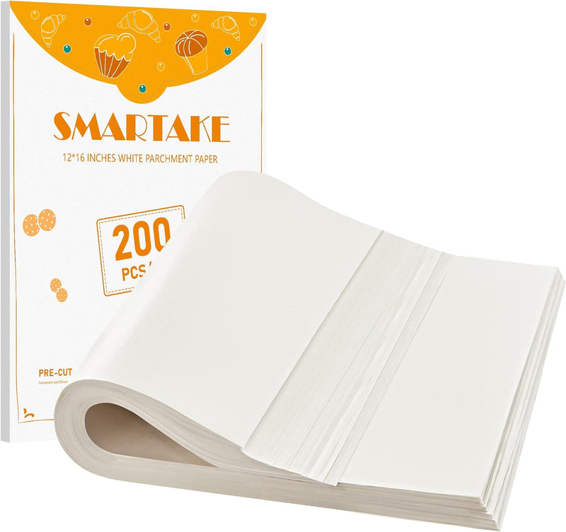 SMARTAKE 200 Pcs Parchment Paper Baking Sheets 12x16 Inch Non-Stick - Suitable for Baking Grilling Air Fryer Steaming and More