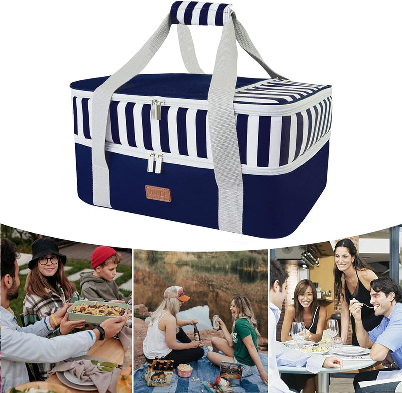 Double Insulated Casserole Carrier Bag - Hot  Cold Food Carry Bag for Potluck Parties Picnics and Traveling Blue