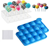 HiYZ Silicone Cake Pop Mold Set,12 Cavity Lollipop Maker Kit,100pcs Cake Pop Stick,15-Hole Acrylic Lollipop Holder for Baking Lollipop, Hard Candy, Cake and Chocolate, for Beginners Small Party