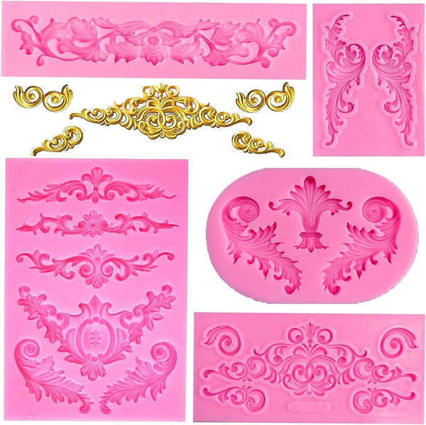 Rainmae 5 Pcs Baroque Style Fondant Silicone Mold - 3D Lace Relief Filigree Sculpture for Crafts  Baking