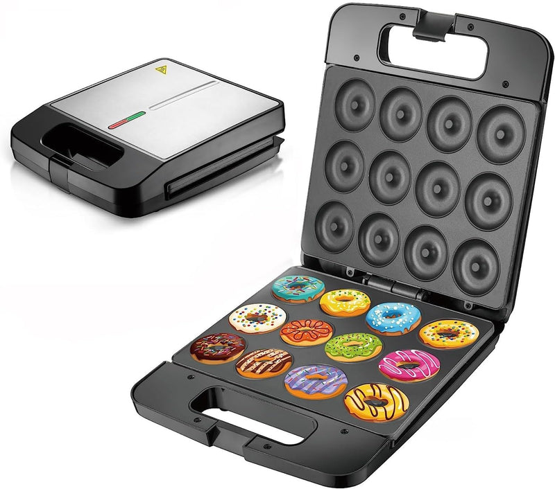 Mini Pancake and Donut Maker - Non-Stick Double-Sided Cake Machine - Makes 16 Doughnuts Black