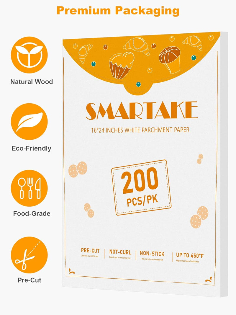 SMARTAKE 200 Pcs Parchment Paper Baking Sheets 12x16 Inch Non-Stick - Suitable for Baking Grilling Air Fryer Steaming and More