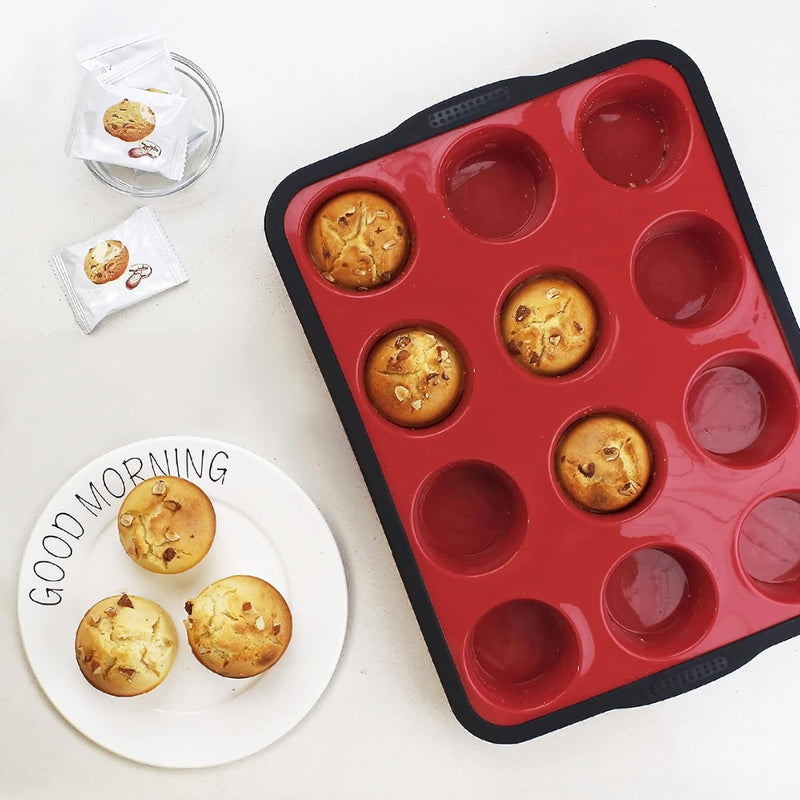 Non-Stick Silicone Muffin Pan with Stainless Steel Frame - 12 Cup Baking Mold BPA Free Blue