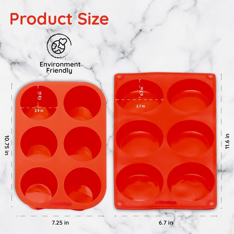 Silicone Muffin Pans - 6 Cup Jumbo Set of 2 Professional Use