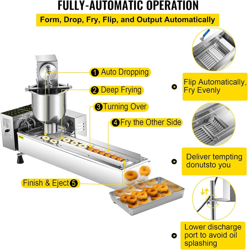 Commercial Donut Making Machine with 7L Hopper and 3 Sizes Molds 304 Stainless Steel Auto Fryer