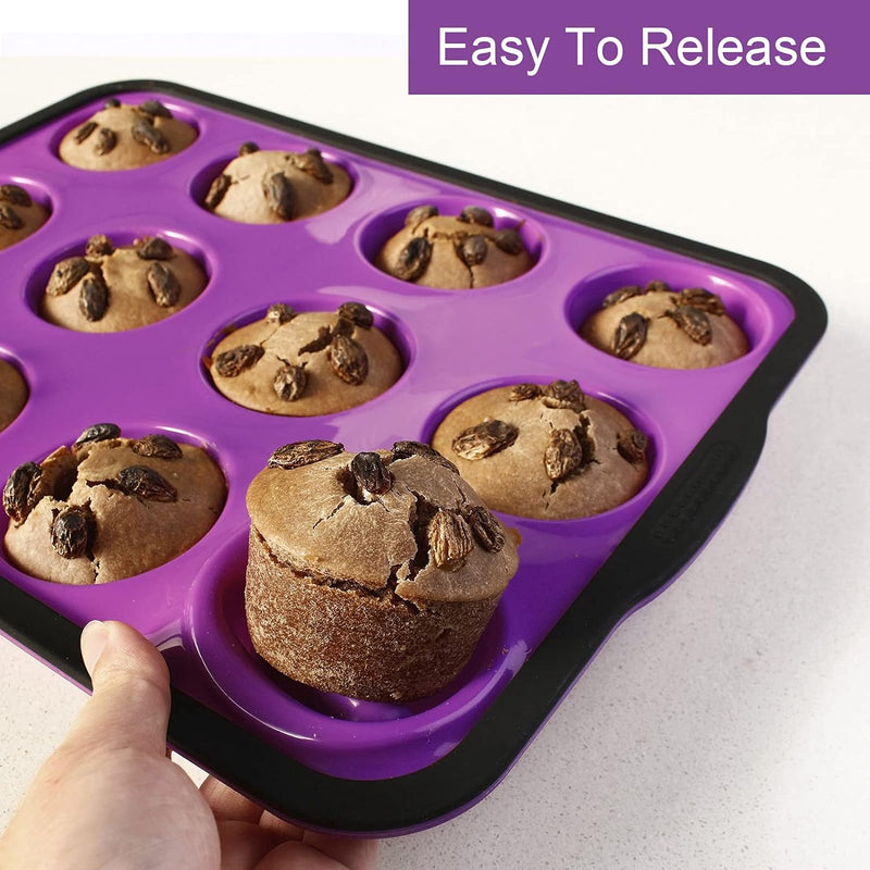 Non-Stick Silicone Muffin Pan with Stainless Steel Frame - 12 Cup Baking Mold BPA Free Blue