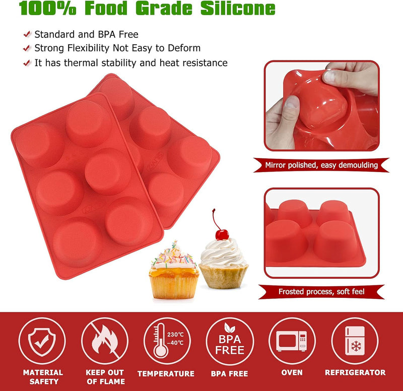 Silicone Jumbo Muffin Pan Nonstick 6 Cup - 2 Pack - 35 inch Large Cups - Baking Mold for Homemade Muffins and Cupcakes