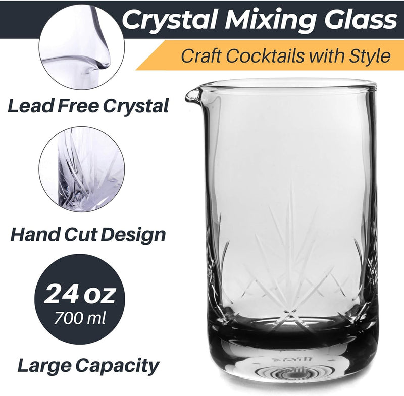 Cork & Mill Cocktail Mixing Glass Set - Old Fashioned Kit - 24 oz (700 ml) Crystal Stirring Glass for Bartending - 9-Piece Bar Accessories and Tools Set with Strainer, Spoon, Jigger, Picks (Silver)