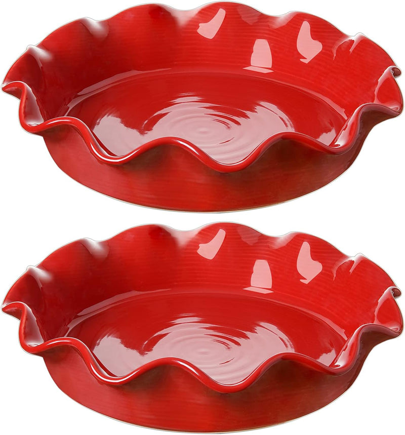 Ceramic Deep Dish Pie Pans - Set of 2 White with Ruffled Edge