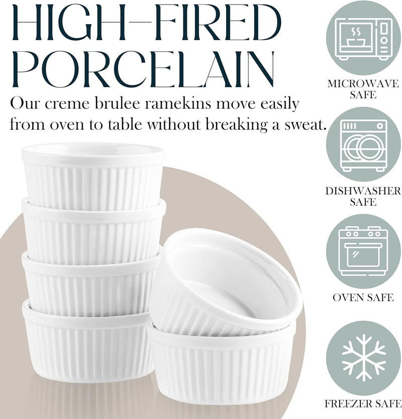 Porcelain Ramekin Set - 6 Mini Casserole Bowls and Dishes Oven Safe to 500F White