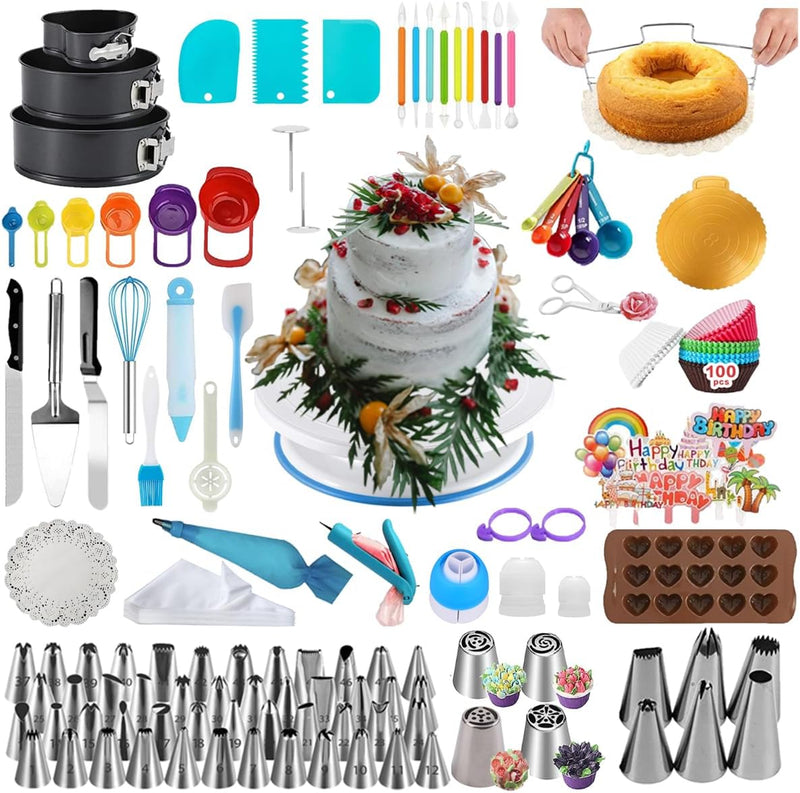 Cake Decorating Kit - 3 Springform Pans Turntable Piping Tips Russian Nozzles Fondant Tools