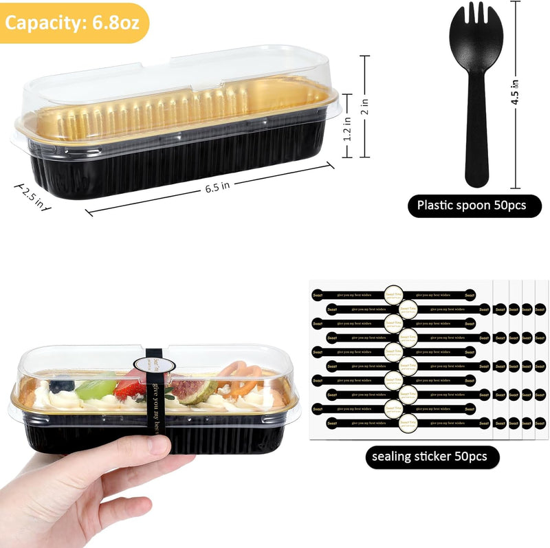 JuneHeart Aluminum Foil Mini Loaf Pans with Lids and Spoons - 100 Pack Black - 68oz Rectangle Baking Containers