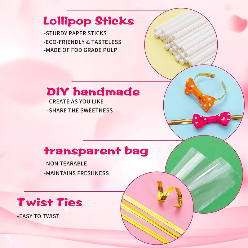 Cake Pop Sticks and Wrappers Kit - 320pcs with Metallic Twist Ties - Perfect for Lollipops  Treats