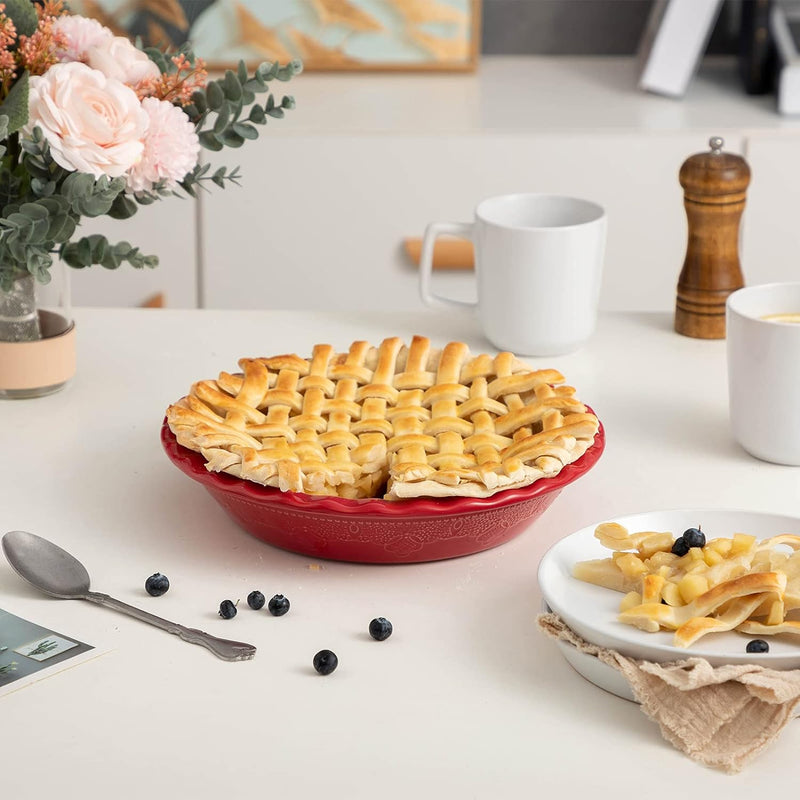 Ceramic Deep Dish Pie Pan with Lace Emboss - Grayish Blue