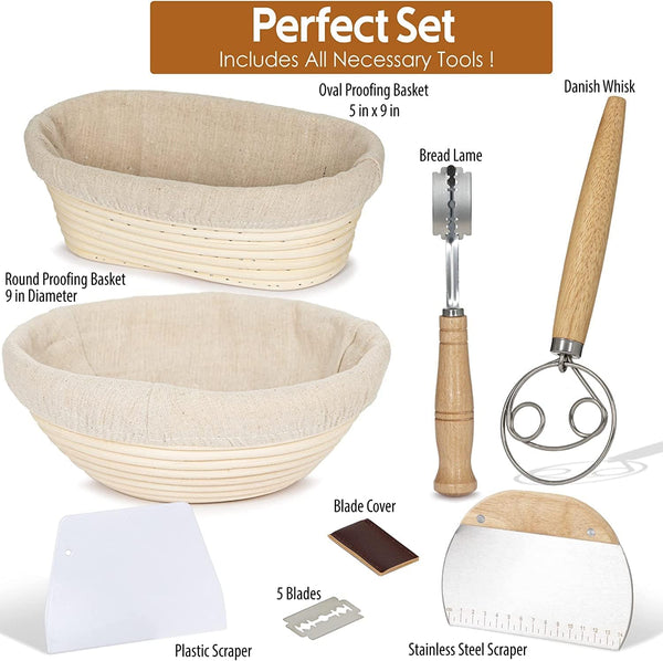 9-Piece Banneton Bread Proofing Basket Set with Accessories - Oval and Round Rattan Sourdough Baking Kit