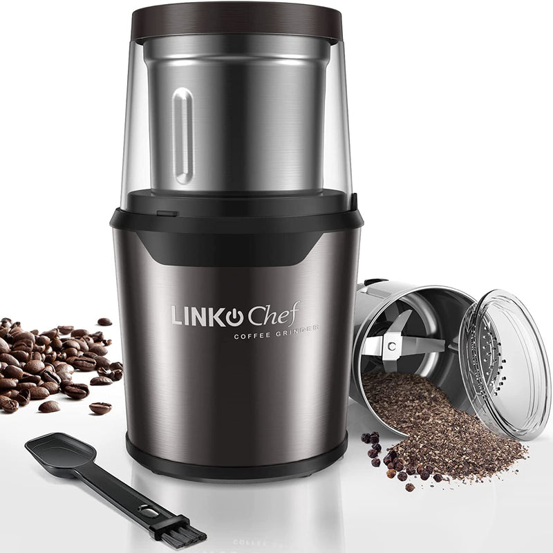 Coffee Grinder with Brush, LINKChef 200W Spice Grinder with Stainless Steel Blade for Seed Bean Nut Herb Pepper & Grain, Lid Activated Safety Switch, Brown, CG-8420