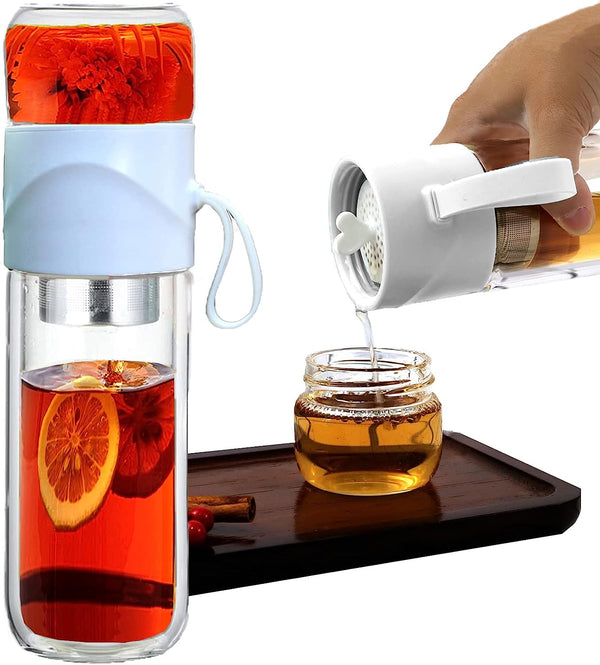 Glass Tea Bottle Double Layer Glass Tea Infuser,14 oz Travel Mug with Strainer Tea Bottle for Loose Leaf Tea, Tea Cup with Stainless Steel Mesh Filter, Portable Glass Water Bottle (White)…