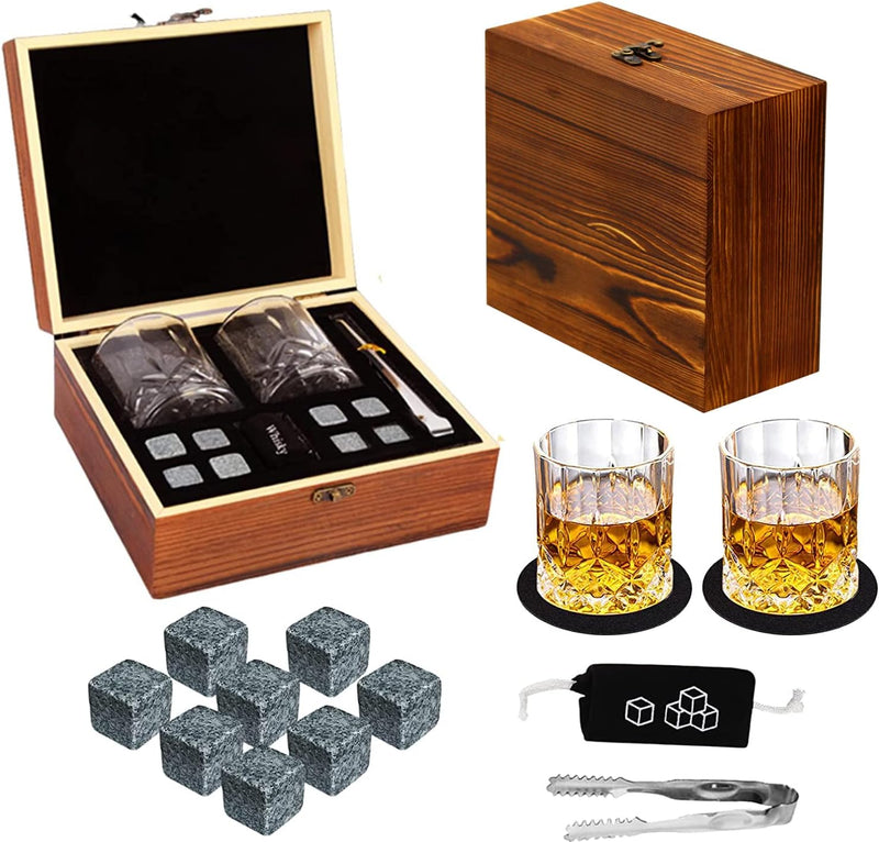 Whiskey Stones and Whiskey Glass Gift Set, DIOXADOP 8 Natural Whisky Stones 1 Crystal Whisky Glasses with Blessing Card in Exquisite Wooden Box, Prepare a Gift for a Whisky Scotch Bourbon Lover