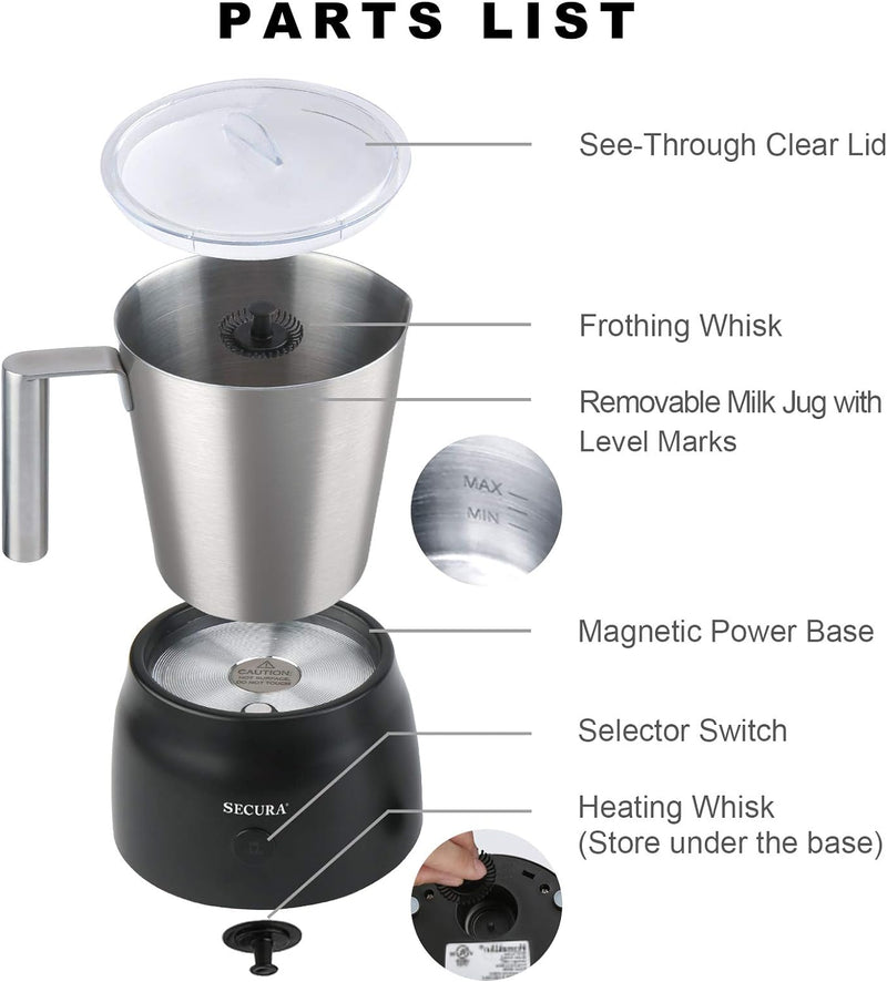 Secura Detachable Milk Frother, 17oz Electric Milk Steamer Stainless Steel, Automatic Hot/Cold Foam and Hot Chocolate Maker with Dishwasher Safe, 120V