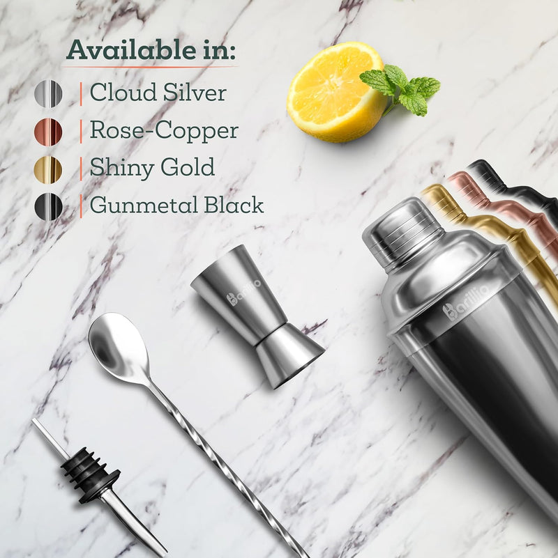 barillio Elite Cocktail Shaker Set Bartender Kit 24 oz Stainless Steel Martini Mixer, Muddler, Mixing Spoon, Jigger, 2 Liquor pourers, Velvet Bag, Recipes Booklet & eBook