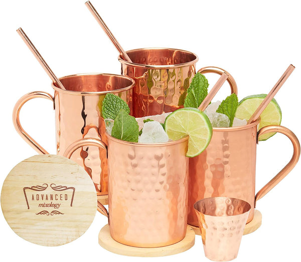Advanced Mixology [Gift Set] Moscow Mule Mugs - 100% Pure Copper Mugs, 16 Ounce Set of 4 Stylish Designed Mugs with 4 Artisan Hand Crafted Wooden Coasters