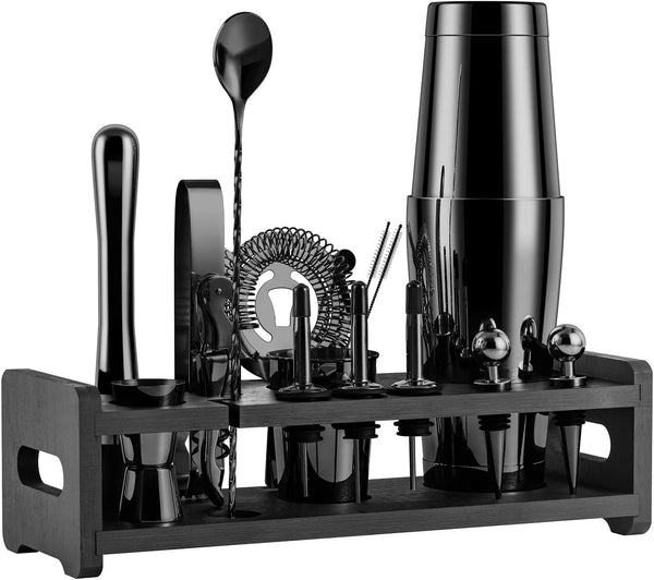 Soing 24-Piece Cocktail Shaker Set,Perfect Home Bartender Kit for Drink Mixing,Stainless Steel Bar Tools With Stand,Velvet Carry Bag & Recipes Cards Included (Black)