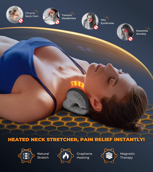 Deep Neck Pain Relief w/Conductive Magnetic Therapy Heated Neck Stretcher, Graphene-Tech Instant Heating Cervical Traction Device Pillow, Smart Control Neck Hump Corrector Relax Gifts For TMJ Migraine