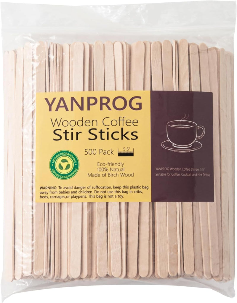 YANPROG Wooden Coffee Stirrers 5.5" Coffee Stir Sticks 100 Pcs, Natural Birch Round End Thick Birch Wood Eco-Friendly Suitable for Coffee, Cocktail and Hot Drinks