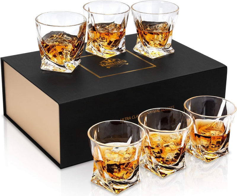 KANARS Whiskey Glasses Set of 4, 10 Oz Crystal Old Fashioned Cocktail Glass in Gift Box, Twisted Lowball Bourbon Tumbler for Scotch Whisky Cognac, Rock Barware for Men Gift