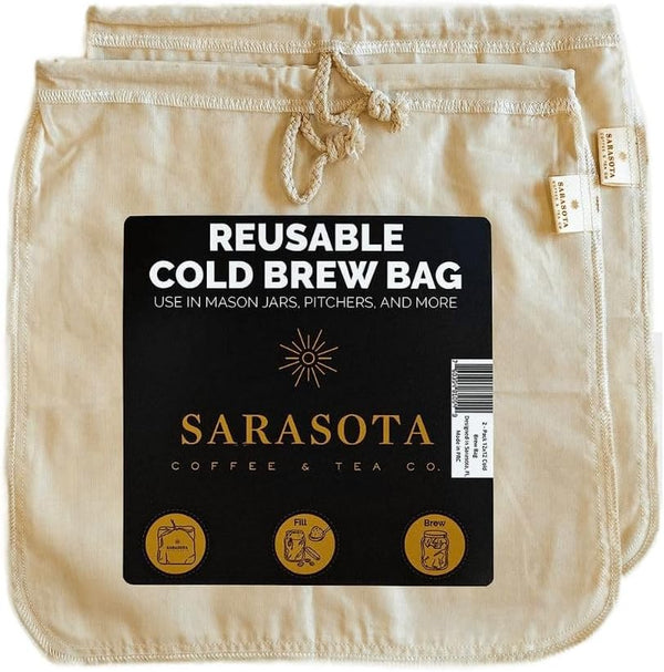 SARASOTA COFFEE Cold Brew Filter Bag, Reusable Cold Brew Filter for Mason Jar 64oz, Cold Brew Filter Bags Reusable, Cold Brew Filter Packs for Mason Jar 1/2 Gallon, 2 Pack