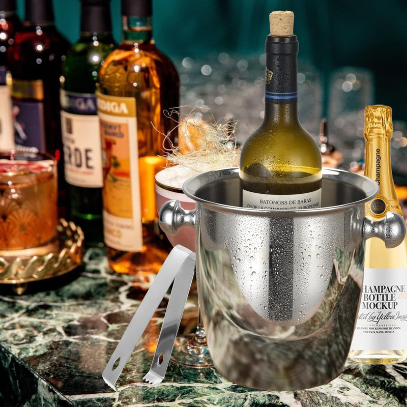 Ice Buckets - Champagne Bucket with Tongs Keeps Ice Frozen Longer,Stainless Steel Wine Chiller Thick Walled Wine Cooler for Parties Beer Red Wine Liquor Bar Ktv (5L, Silver)