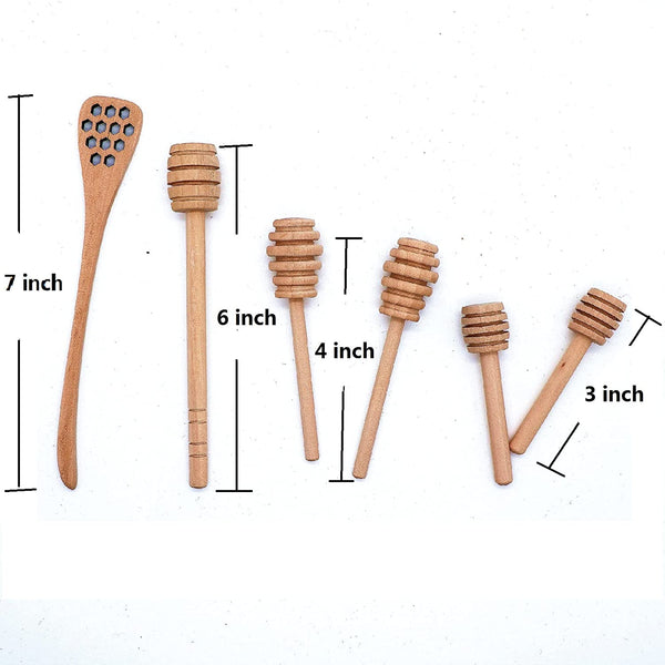 Newwe Honey Dippers (6 pcs set) Wooden Honey Stick in 3 inch, 4inch 7inch Party Supply Wood Honey Spoon For Honey Jar Mixing Stick