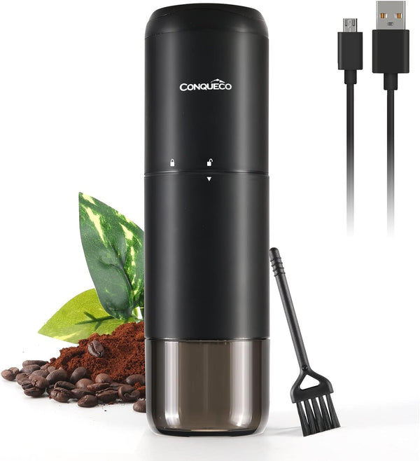 Portable Electric Burr Coffee Grinder: CONQUECO Small Coffee Bean Grinding Machine - Rechargeable Stainless Conical Burr Grinders with Multiple Grind Settings, 20g (with Brush)