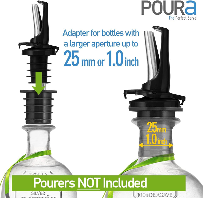 Liquor Pourer Adapters 6 Pk - Adapt Any Liquor or Oil Pourer Spout into a Large Liquor Pourer - Fits Extra Large Bottles up to 1 Inch / 25mm Neck