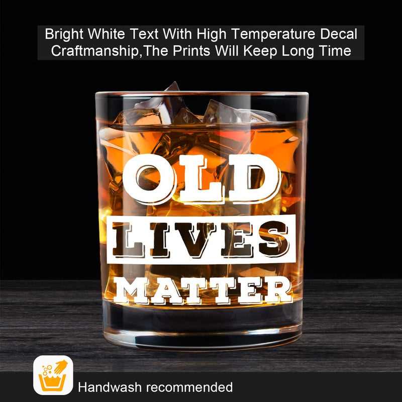 LIGHTEN LIFE Old Lives Matter Whiskey Glass 12 oz,Rock Glass in Valued Wooden Box,Funny Birthday or Retirement Gift for Grandpa,Dad,Old Man,Old Fashioned Whiskey Glass