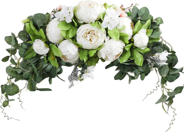 Rustic Wedding Arch Flowers - 30 Inch Artificial Floral Swag with Green Leaves Roses and Peonies - Ivory