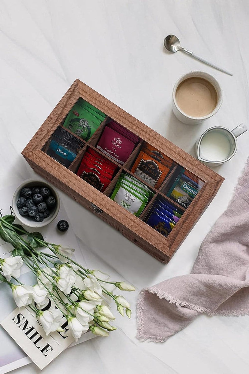 WPKLTMZ Wooden Tea Box, Tea Bag Organizer Tea Storage with 8 Compartments, Rustic Tea Bag Holder with 3 Drawers for Tea Bags, Packets, Coffee, Sugar, Sweeteners, Creamers