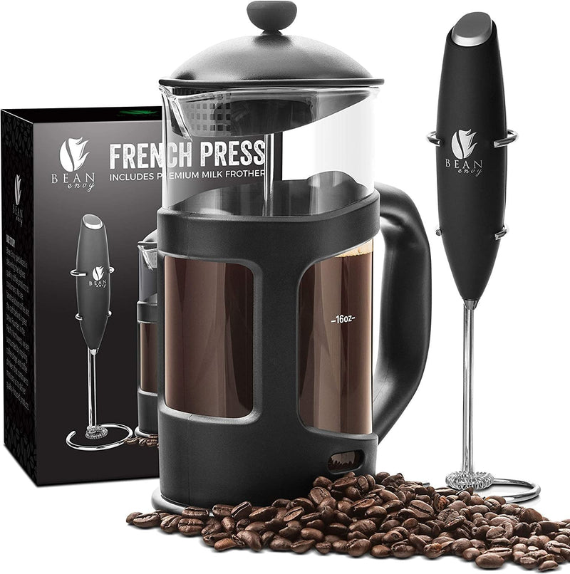 Bean Envy French Press Coffee Maker and Milk Frother Set - 34 oz Glass Carafe Coffee Press & Drink Mixer Duo w/ Stainless Steel Stand