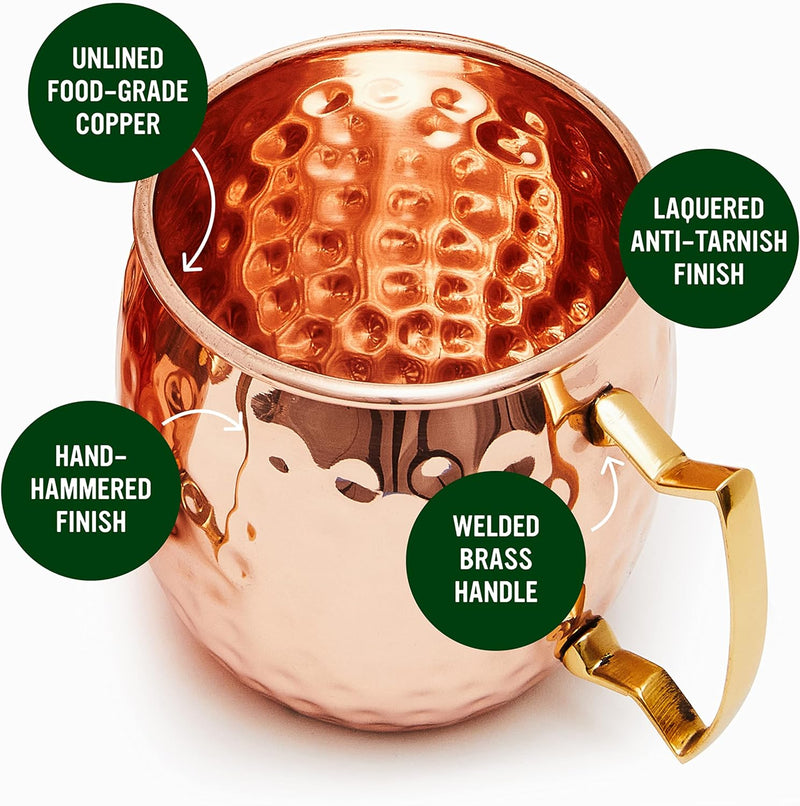 will's Moscow Mule Copper Mugs - Set of 4-100% Pure Solid Copper Mugs - 16 oz Premium Gift Set with 4 Cocktail Copper Straws, Shot Glass and Recipe Booklet