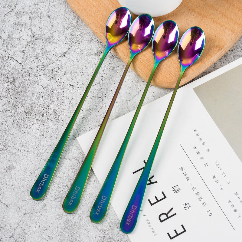 Long-handled ice tea spoon, cocktail stir spoons, stainless steel coffee spoons, Colored ice cream scoop (9 IN iridescence, Round)