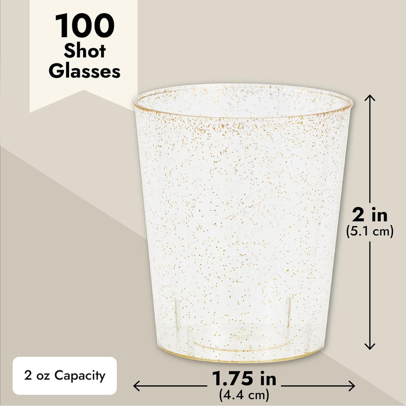 Juvale 100 Pack Gold Glitter Plastic Shot Glasses, 2oz Cups for Weddings, Birthday Parties