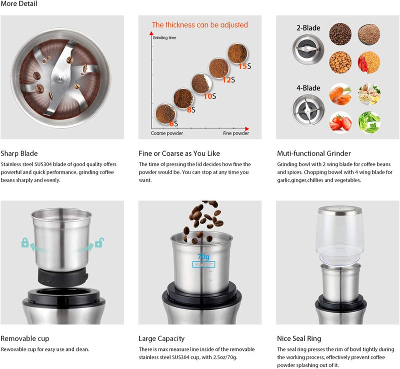 DR MILLS DM-7412M Electric Spice Grinder and Coffee Grinder, Grinder and chopper,detachable cup, diswash free, Blade & cup made with SUS304 stianlees steel