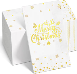 100Pcs Merry Christmas Napkins, White Gold Foil Disposable Paper Napkins, Paper Cocktail Napkins Hand Towels for Christmas Dinner Winter Holiday Party Decorations and Supplies, 7.9 x 4.3 Inch